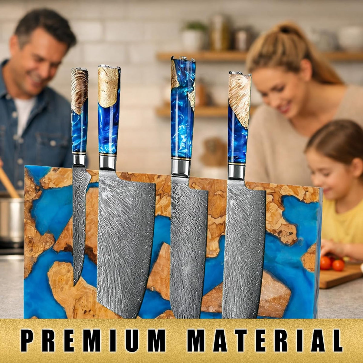 Magnetic Knife Block, Double Sided Knife Holder, Burl Maple Wood and Blue Resin, Holds 20 Knives, Non Slip Base (Blue)