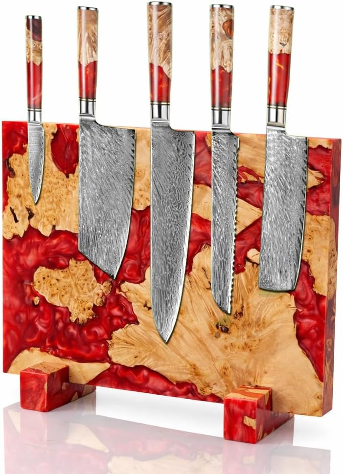 Magnetic Knife Block, Double Sided Knife Holder, Burl Maple Wood and Blue Resin, Holds 20 Knives, Non Slip Base (Blue)