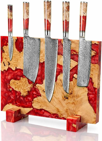 Magnetic Knife Block, Double Sided Knife Holder, Burl Maple Wood and Blue Resin, Holds 20 Knives, Non Slip Base (Blue)