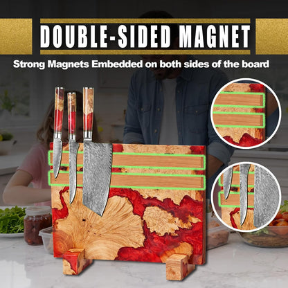 Magnetic Knife Block, Double Sided Knife Holder, Burl Maple Wood and Blue Resin, Holds 20 Knives, Non Slip Base (Blue)