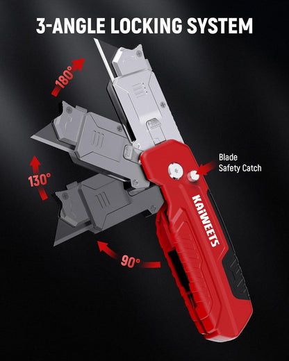 Utility Knife Scraper, 2-in-1 Folding Box Cutter with Blade Storage, Heavy Duty Zinc Alloy Body, Retractable Design, 12pcs SK2 Black Blades replacement, EDC Tool for Home, Office, DIY– Red