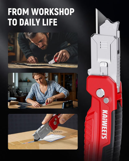 Utility Knife Scraper, 2-in-1 Folding Box Cutter with Blade Storage, Heavy Duty Zinc Alloy Body, Retractable Design, 12pcs SK2 Black Blades replacement, EDC Tool for Home, Office, DIY– Red