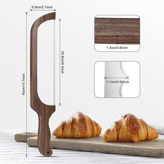 Bread Knife for Homemade Bread, Sourdough Bread Slicer & Bread Cutter with Measuring Scale, 15.7" Serrated Blade for Even Slices, Walnut Bow Knife with Cover & Scoring Tool, Gift for Bakers