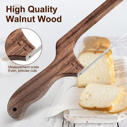 Bread Knife for Homemade Bread, Sourdough Bread Slicer & Bread Cutter with Measuring Scale, 15.7" Serrated Blade for Even Slices, Walnut Bow Knife with Cover & Scoring Tool, Gift for Bakers