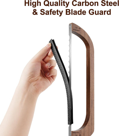 Bread Knife for Homemade Bread, Sourdough Bread Slicer & Bread Cutter with Measuring Scale, 15.7" Serrated Blade for Even Slices, Walnut Bow Knife with Cover & Scoring Tool, Gift for Bakers