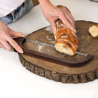 Bread Knife for Homemade Bread, Sourdough Bread Slicer & Bread Cutter with Measuring Scale, 15.7" Serrated Blade for Even Slices, Walnut Bow Knife with Cover & Scoring Tool, Gift for Bakers