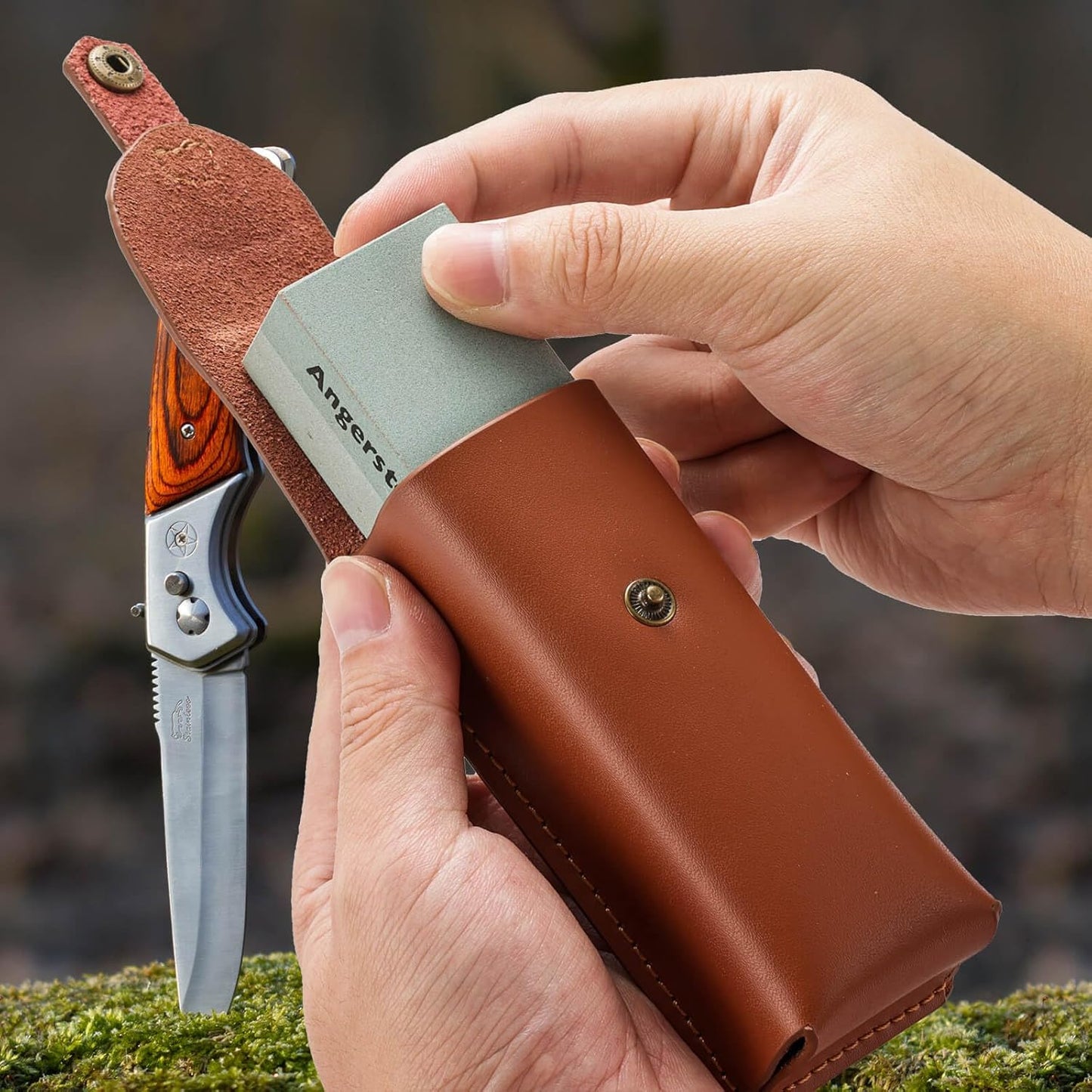 Portable Whetstone Knife Sharpening Stone - Outdoor Hunting Knife Sharpener Stone Kit Dual Grit 400/1000 - Pocket Sharpening Stones for Knives with Cowhide Pouch for Bushcraft Camping Field