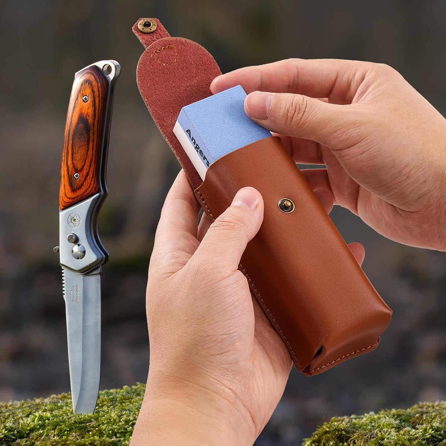 Portable Whetstone Knife Sharpening Stone - Outdoor Hunting Knife Sharpener Stone Kit Dual Grit 400/1000 - Pocket Sharpening Stones for Knives with Cowhide Pouch for Bushcraft Camping Field