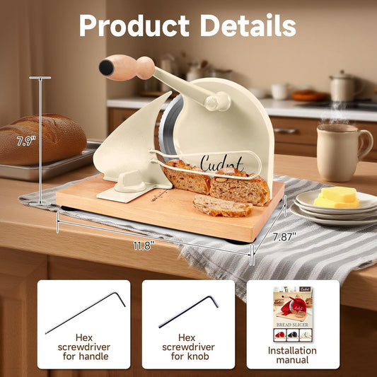 Manual Bread Slicer for Homemade Sourdough Bread with Metal Rails | Hand Crank Bread Cutter with Stainless Steel Blade, Adjustable Thickness, Scale Line & Suction Cups for Even Slices