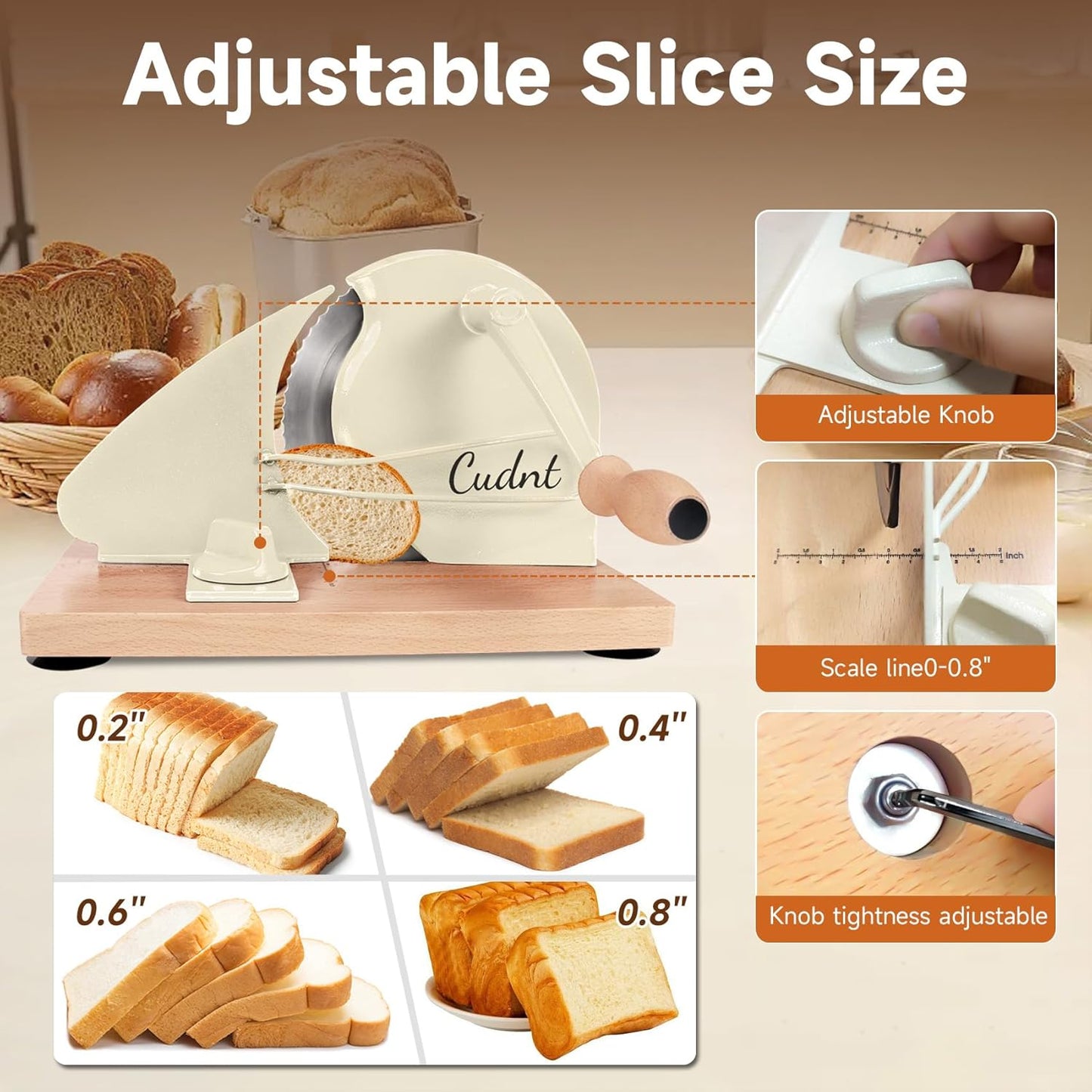 Manual Bread Slicer for Homemade Sourdough Bread with Metal Rails | Hand Crank Bread Cutter with Stainless Steel Blade, Adjustable Thickness, Scale Line & Suction Cups for Even Slices