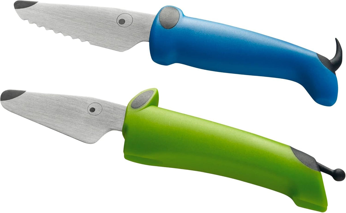 Kinderkitchen® Kids Chef Knife Set 6", 2 Pieces, Green/Blue | Straight Edge & Serrated Knife | Cutting Tool Made for Real Cooking | Child Friendly Dog Design With Hand Guard For Safety
