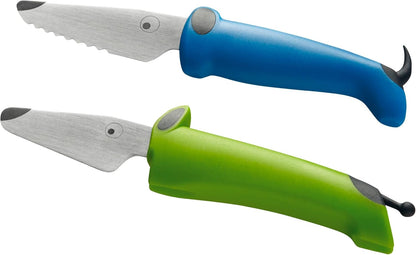 Kinderkitchen® Kids Chef Knife Set 6", 2 Pieces, Green/Blue | Straight Edge & Serrated Knife | Cutting Tool Made for Real Cooking | Child Friendly Dog Design With Hand Guard For Safety