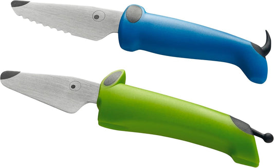 Kinderkitchen® Kids Chef Knife Set 6", 2 Pieces, Green/Blue | Straight Edge & Serrated Knife | Cutting Tool Made for Real Cooking | Child Friendly Dog Design With Hand Guard For Safety