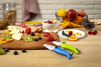 Kinderkitchen® Kids Chef Knife Set 6", 2 Pieces, Green/Blue | Straight Edge & Serrated Knife | Cutting Tool Made for Real Cooking | Child Friendly Dog Design With Hand Guard For Safety