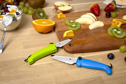 Kinderkitchen® Kids Chef Knife Set 6", 2 Pieces, Green/Blue | Straight Edge & Serrated Knife | Cutting Tool Made for Real Cooking | Child Friendly Dog Design With Hand Guard For Safety