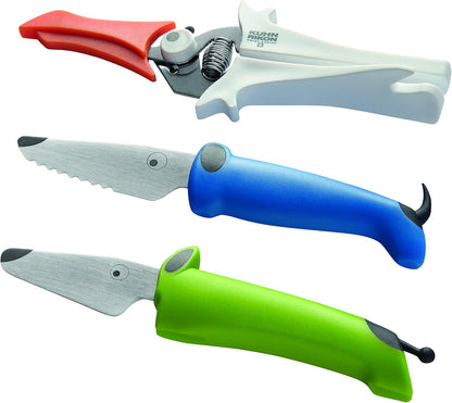 Kinderkitchen® Kids Chef Knife Set 6", 2 Pieces, Green/Blue | Straight Edge & Serrated Knife | Cutting Tool Made for Real Cooking | Child Friendly Dog Design With Hand Guard For Safety
