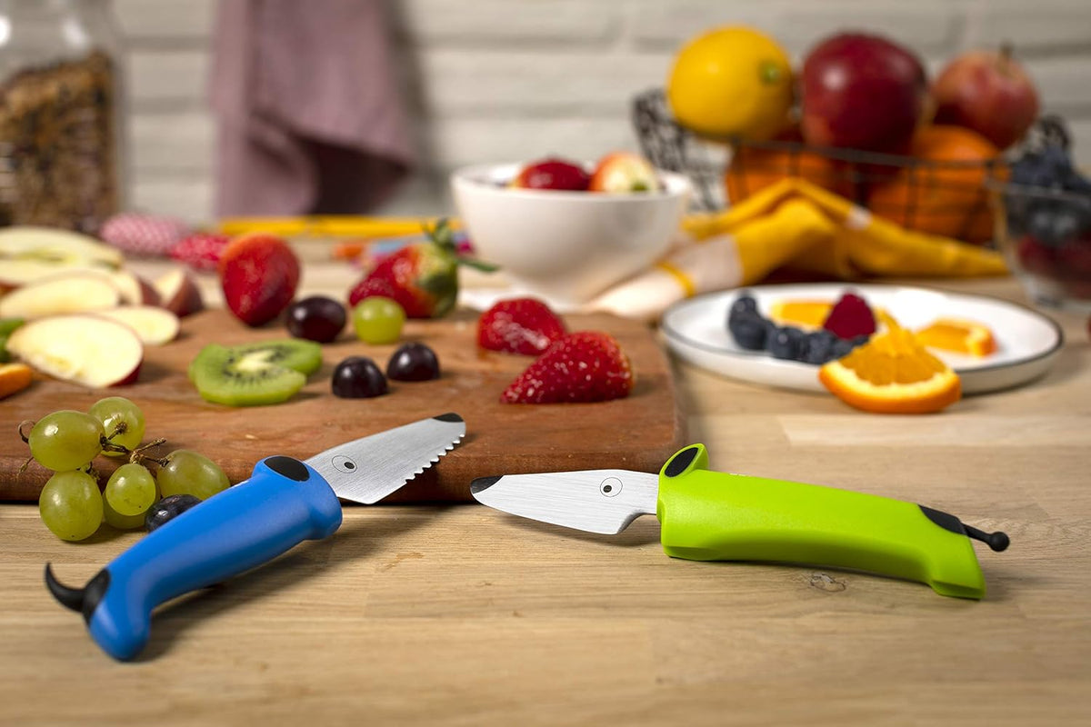 Kinderkitchen® Kids Chef Knife Set 6", 2 Pieces, Green/Blue | Straight Edge & Serrated Knife | Cutting Tool Made for Real Cooking | Child Friendly Dog Design With Hand Guard For Safety