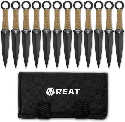 REAT Throwing Knives - 12 Piece, 6.5" 440 Stainless Steel with Green Cord-Wrapped Handle, Includes Nylon Carrying Case for Safe Storage,Ninja Kunai Knives for Competition,Recreation (Black/Green)