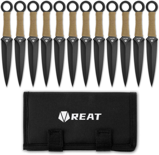 REAT Throwing Knives - 12 Piece, 6.5" 440 Stainless Steel with Green Cord-Wrapped Handle, Includes Nylon Carrying Case for Safe Storage,Ninja Kunai Knives for Competition,Recreation (Black/Green)
