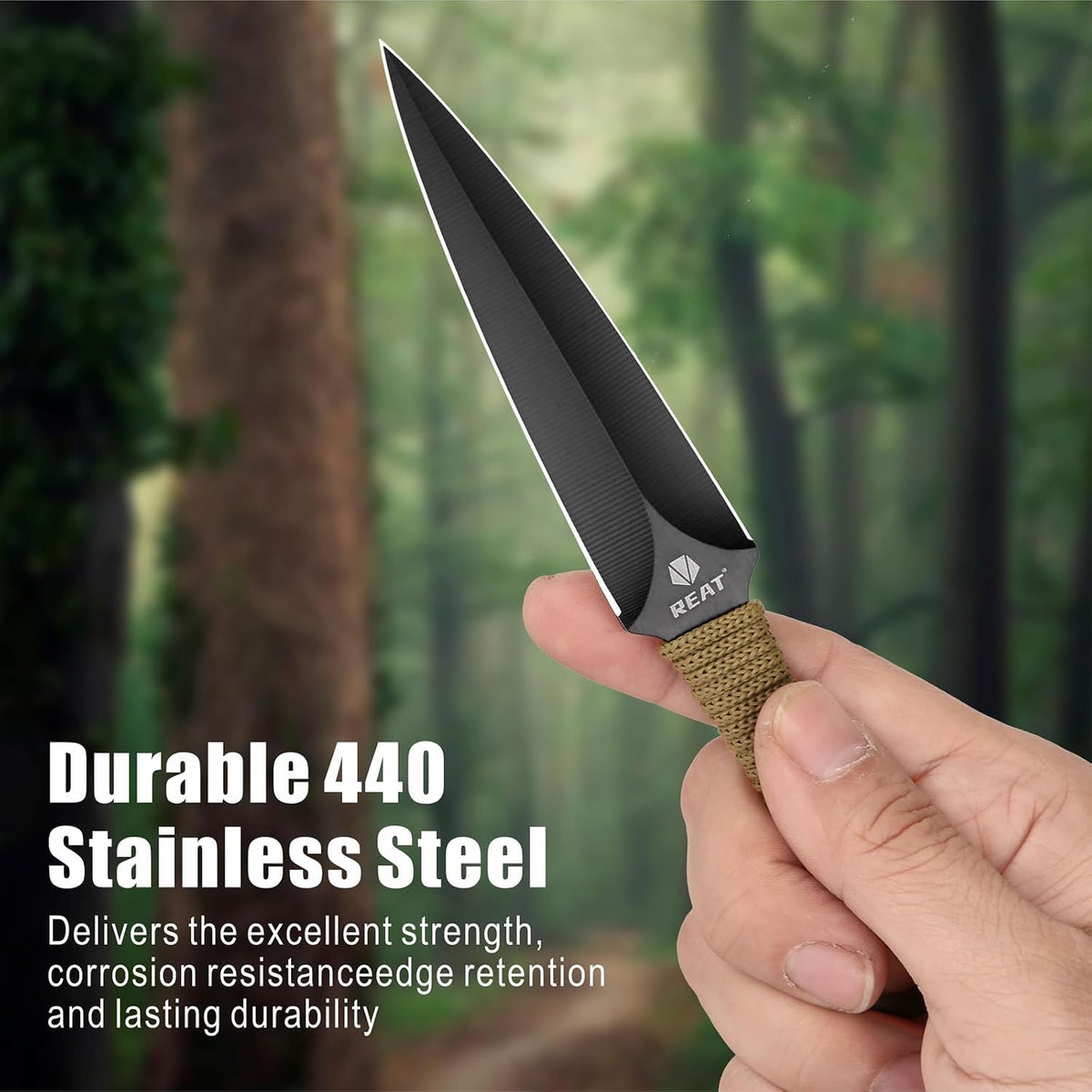 REAT Throwing Knives - 12 Piece, 6.5" 440 Stainless Steel with Green Cord-Wrapped Handle, Includes Nylon Carrying Case for Safe Storage,Ninja Kunai Knives for Competition,Recreation (Black/Green)