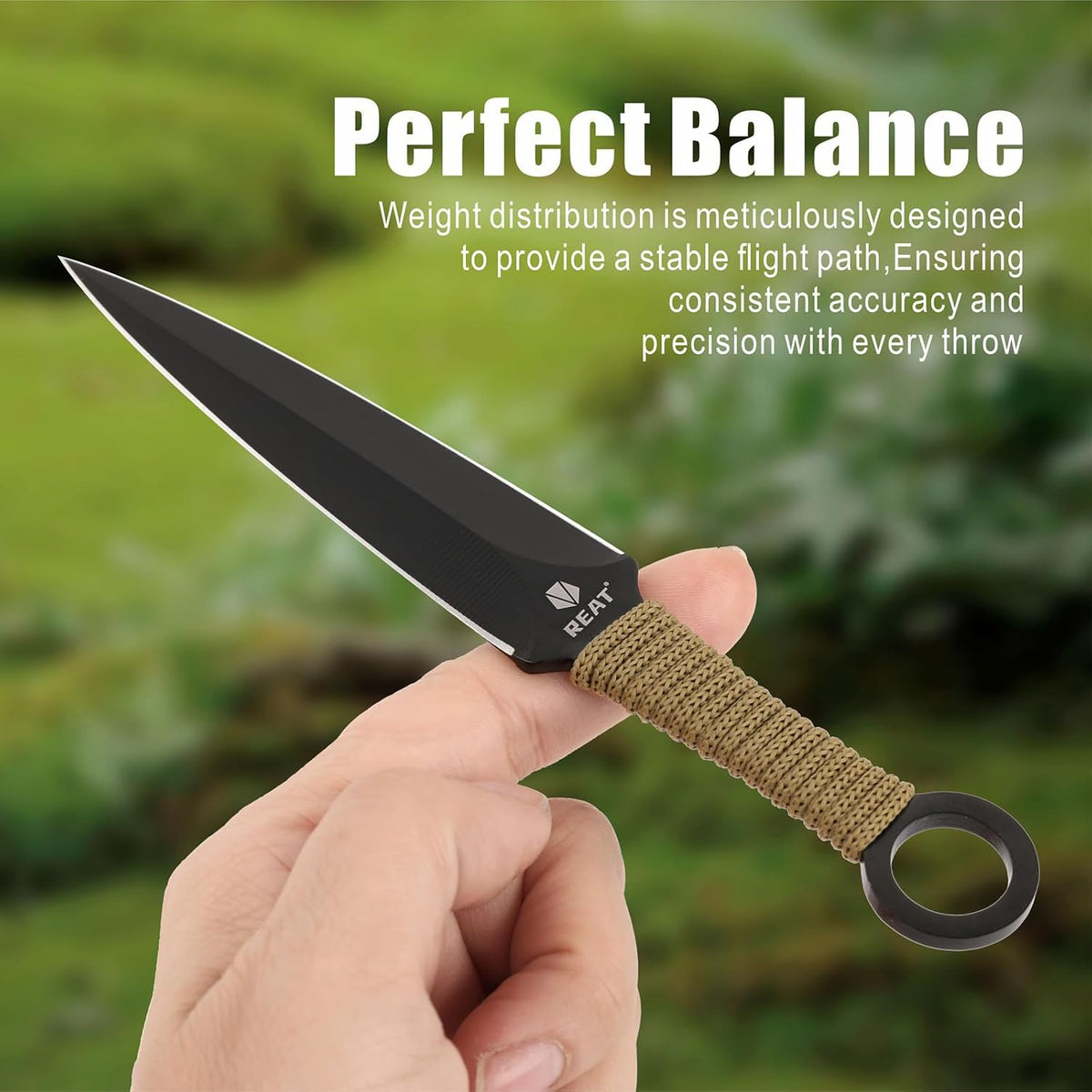REAT Throwing Knives - 12 Piece, 6.5" 440 Stainless Steel with Green Cord-Wrapped Handle, Includes Nylon Carrying Case for Safe Storage,Ninja Kunai Knives for Competition,Recreation (Black/Green)