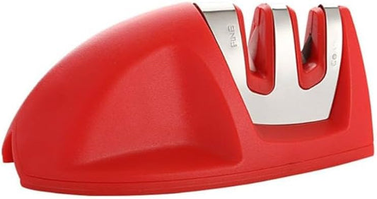 Portable 2-Stage Knife Sharpener for Kitchen Knives – Small Manual Knife Sharpener with Fine & Coarse Grinding, Anti-Slip Base, Knife & Scissors Sharpener, Red