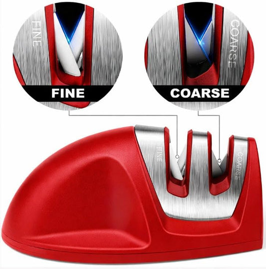 Portable 2-Stage Knife Sharpener for Kitchen Knives – Small Manual Knife Sharpener with Fine & Coarse Grinding, Anti-Slip Base, Knife & Scissors Sharpener, Red