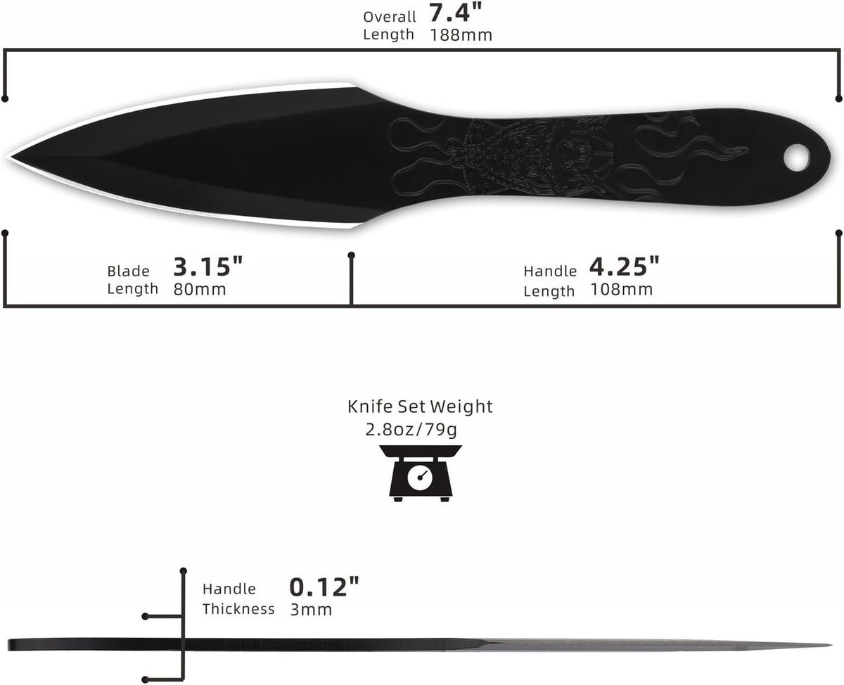 REAT Throwing Knives - 3 Piece, 7.5" 440 Stainless Steel with Full Tang Design, Includes Nylon Carrying Case for Safe Storage,Ninja Kunai Knives for Competition,Recreation,Gifts for Men,Women