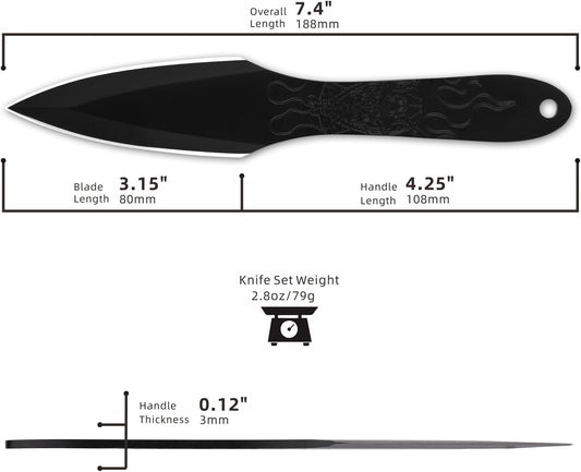 REAT Throwing Knives - 3 Piece, 7.5" 440 Stainless Steel with Full Tang Design, Includes Nylon Carrying Case for Safe Storage,Ninja Kunai Knives for Competition,Recreation,Gifts for Men,Women