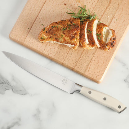 Kitchen Essential Tasting Kitchen German Steel Slicer Knife, 8-Inch Stainless Steel Blade – Professional Kitchen Knife with White Handle and Forged Full Tang