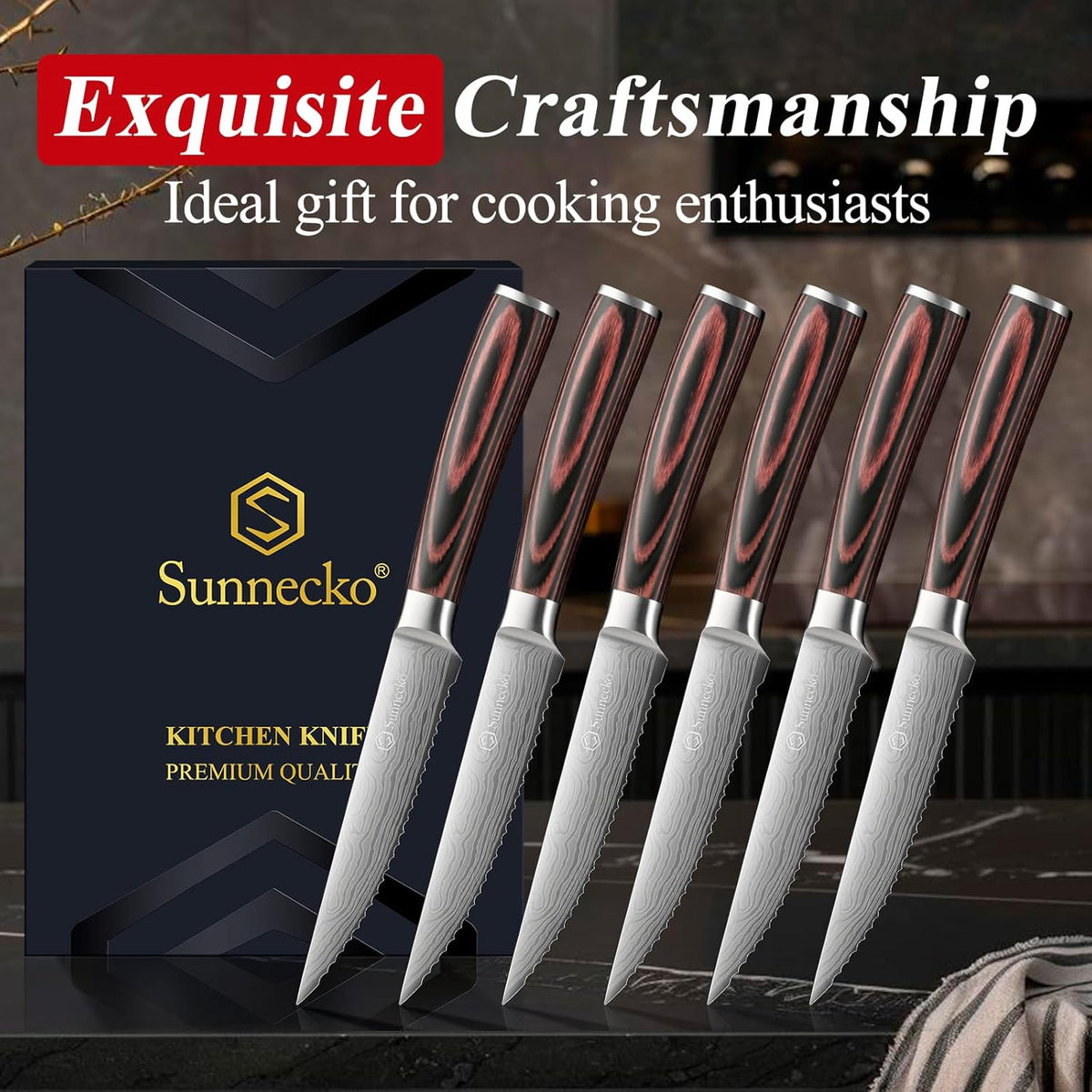 Steak Knife Set of 6, Serrated Dinner Knife for Meat with Gift Box