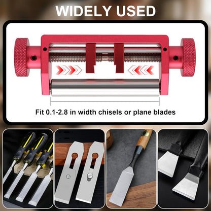 Chisel Sharpening Jig, Honing Guide for Woodworking Chisels and Planes Width 0.1" to 2.8", Metal Chisel Sharpening Kit with Angle Fixture and Angle Gague, Red Pink