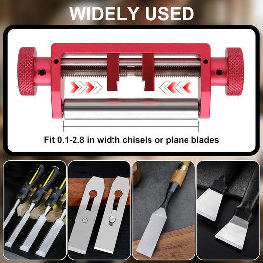 Chisel Sharpening Jig, Honing Guide for Woodworking Chisels and Planes Width 0.1" to 2.8", Metal Chisel Sharpening Kit with Angle Fixture and Angle Gague, Red Pink