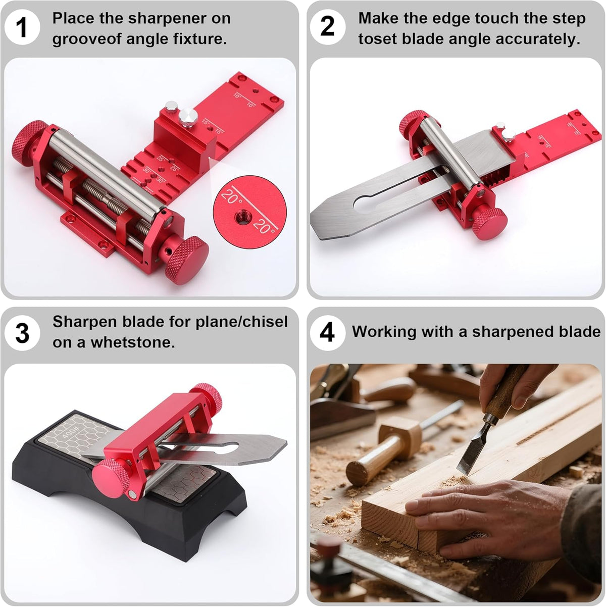 Chisel Sharpening Jig, Honing Guide for Woodworking Chisels and Planes Width 0.1" to 2.8", Metal Chisel Sharpening Kit with Angle Fixture and Angle Gague, Red Pink