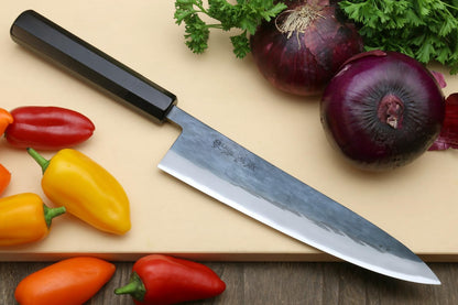 Yoshihiro Kurouchi Black-Forged Blue Steel Stainless Clad Gyuto Chefs Knife Ebony Handle (9.5'' (240mm) & Saya)