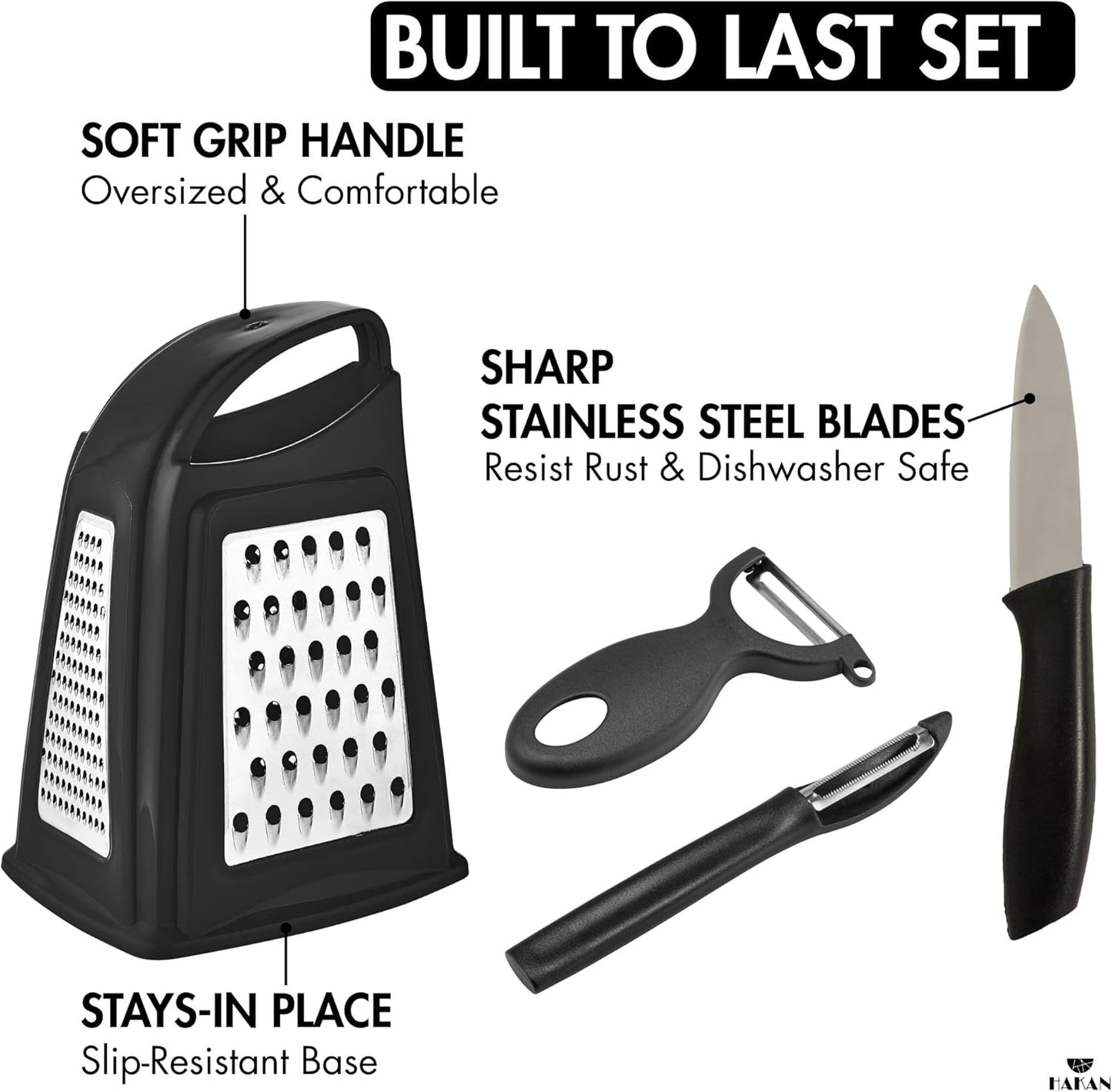 Grater, Chop and Peel Set | Handheld 3-Sided Grater with Multiple Shred Sizes, Y-Shaped Vegetable Peeler, I-Shaped Food Slicer & Spear Knife | Stainless Steel Kitchen Tools | Black, 4 Pcs
