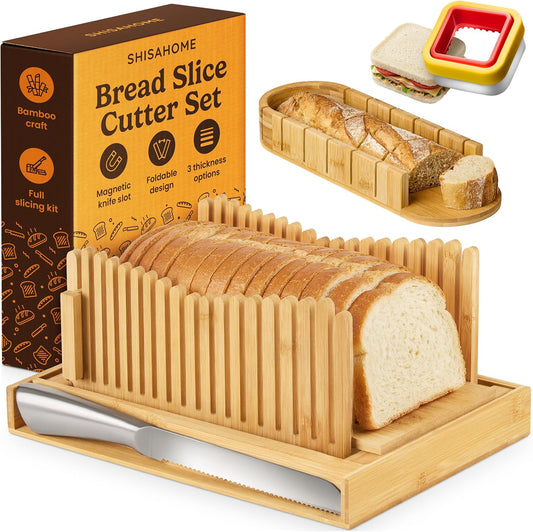 Bread Slicer Guide for Homemade Bread 3-In-1 Set: Sourdough Rounds Slicer, Baguette Cutter & Sandwich Sealer | Bread Loaf Slicing, Adjustable Bamboo Bread Cutter With Knife & Magnetic Slot