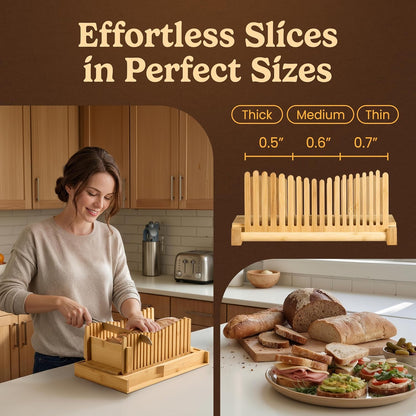 Bread Slicer Guide for Homemade Bread 3-In-1 Set: Sourdough Rounds Slicer, Baguette Cutter & Sandwich Sealer | Bread Loaf Slicing, Adjustable Bamboo Bread Cutter With Knife & Magnetic Slot