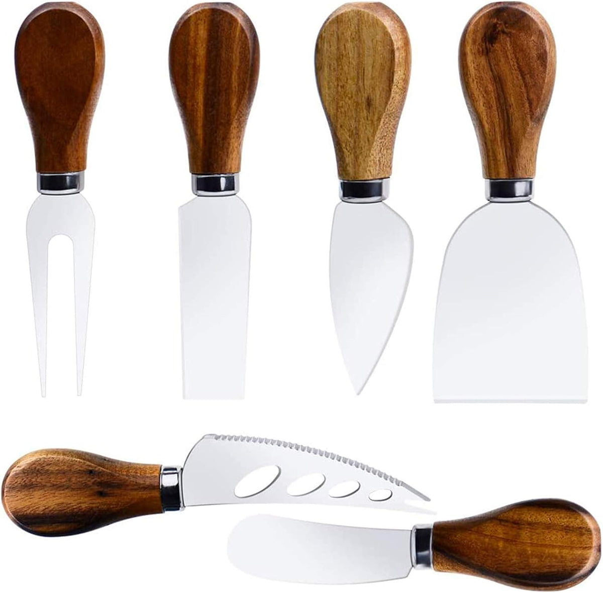Premium 6-Piece Cheese Knife Set - Complete Stainless Steel Cheese Knives Collection with Teak Wood Handles
