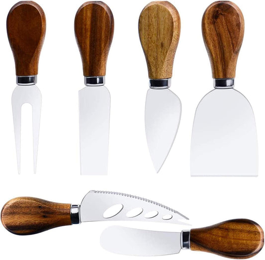 Premium 6-Piece Cheese Knife Set - Complete Stainless Steel Cheese Knives Collection with Teak Wood Handles