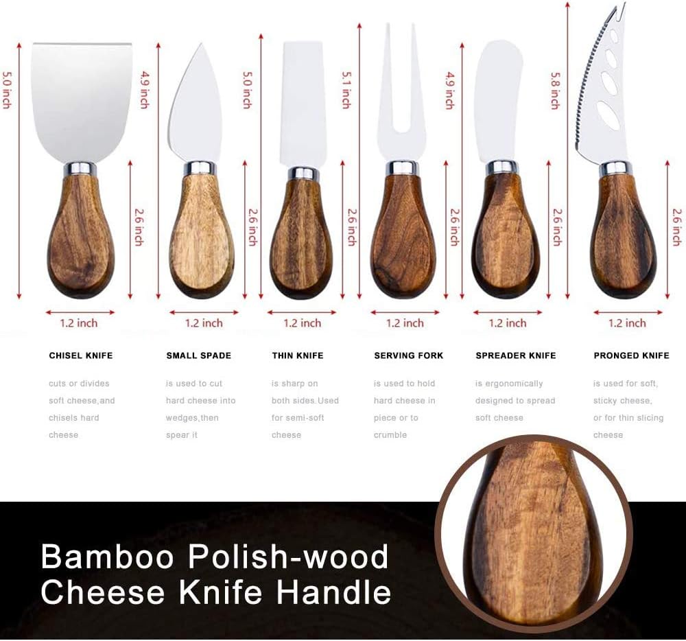 Premium 6-Piece Cheese Knife Set - Complete Stainless Steel Cheese Knives Collection with Teak Wood Handles