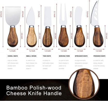 Premium 6-Piece Cheese Knife Set - Complete Stainless Steel Cheese Knives Collection with Teak Wood Handles