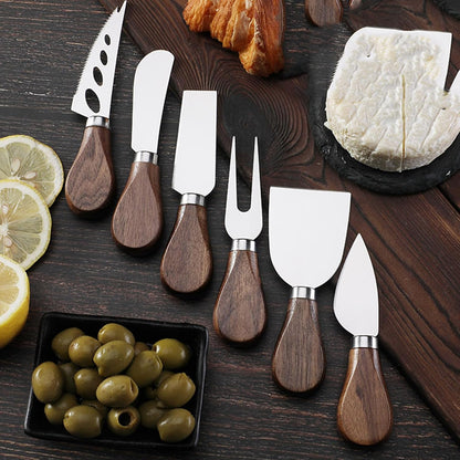 Premium 6-Piece Cheese Knife Set - Complete Stainless Steel Cheese Knives Collection with Teak Wood Handles