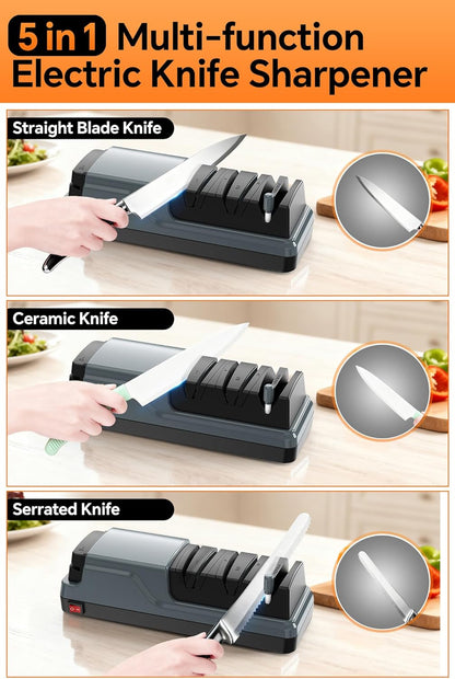 5 in 1 Electric Knife Sharpener Multifunction, Professional Knife Sharpener Electric for Sharpening and Polishing, Quick Restore Kitchen Knives and Scissors, Grey