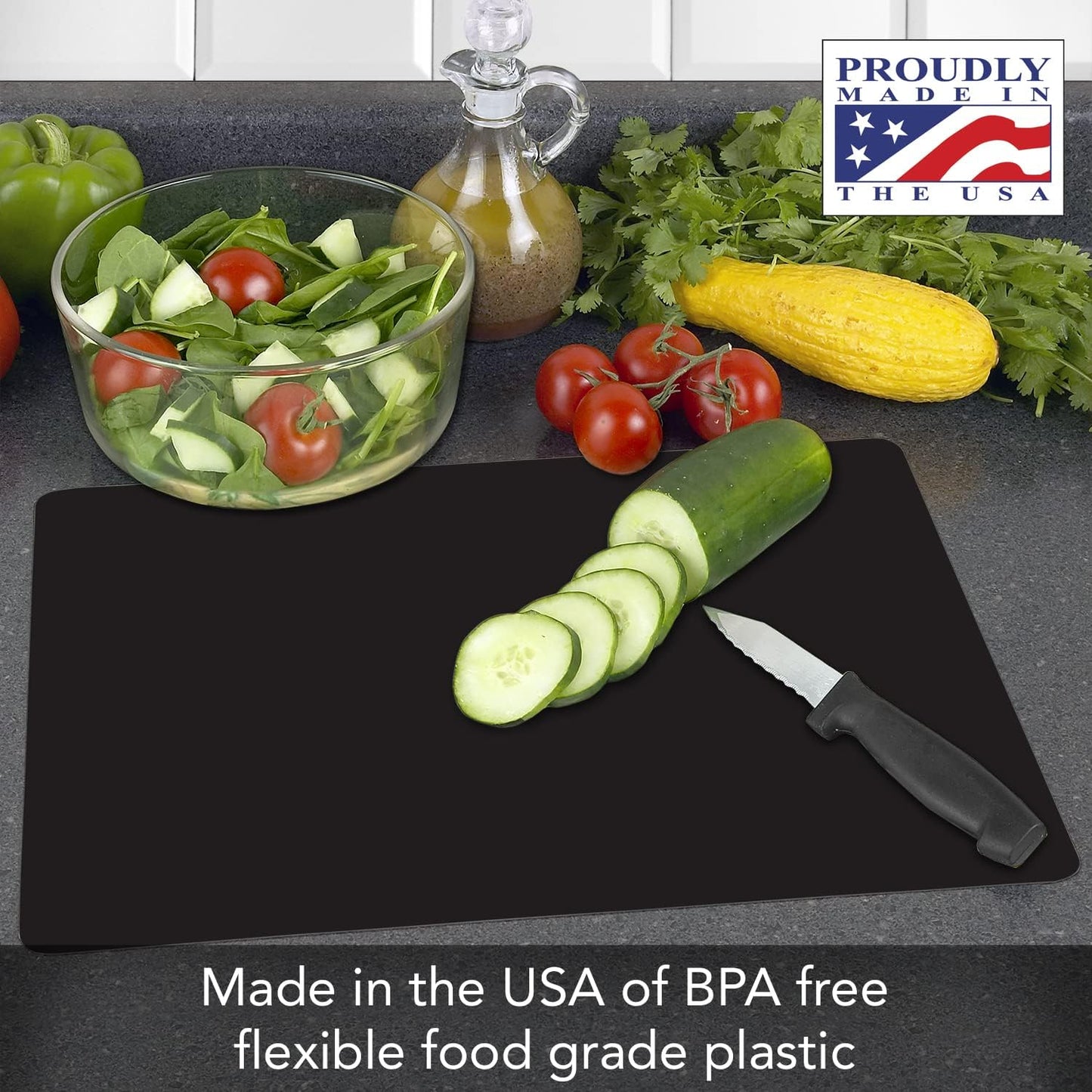 Black Flexible Plastic Cutting Board Mat 2 Pack, 15" x 11.5", Made in the USA, Easily Funnels Foods, Knife Friendly, Easily Wipes Clean