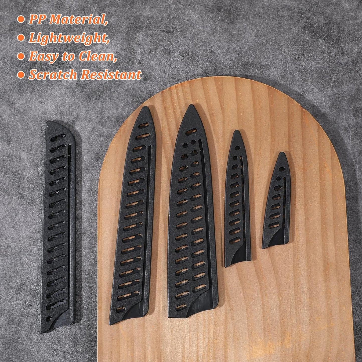 5 Pcs Black Knife Sheath Kitchen Safety Knife Covers or Sleeves Universal Knives Guards Set Knives Sheath Blade Protector Ventilated Storage for 8" Bread/Carving/Chef 5" Utility 3.5" Paring