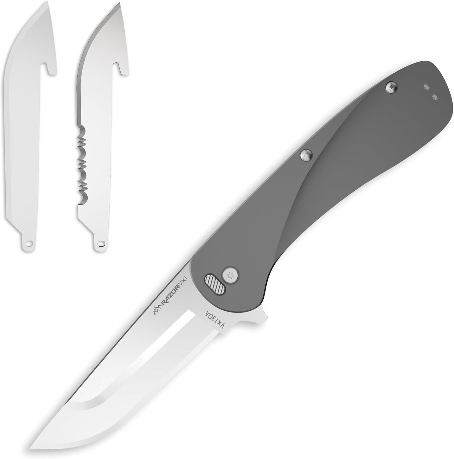RAZOR VX1 | Replaceable Blade EDC Folding Pocket Knife | 3" Stainless Blade, Gray Anodized Aluminum Handle, Reversible Pocket Clip | Outdoor, Camping, Survival, Utility