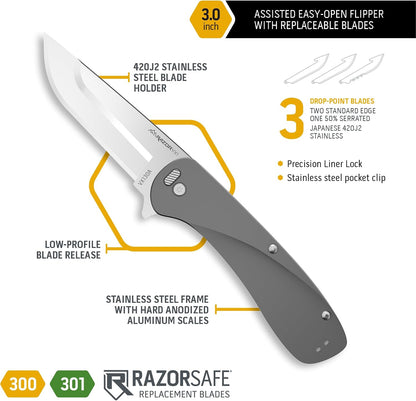 RAZOR VX1 | Replaceable Blade EDC Folding Pocket Knife | 3" Stainless Blade, Gray Anodized Aluminum Handle, Reversible Pocket Clip | Outdoor, Camping, Survival, Utility