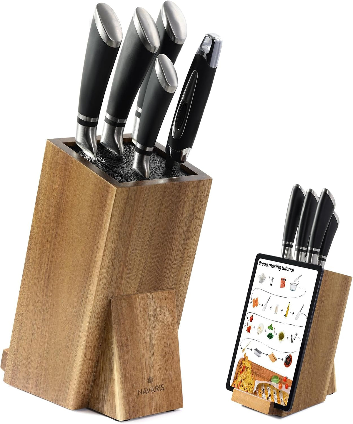 Wooden Kitchen Knife Block with Holder - Holds a Chopping Board, Phone or Tablet - Acacia Angled Design, 12.5 x 18.7 x 26.2 cm (4.9" x 7.4" x 10.3")