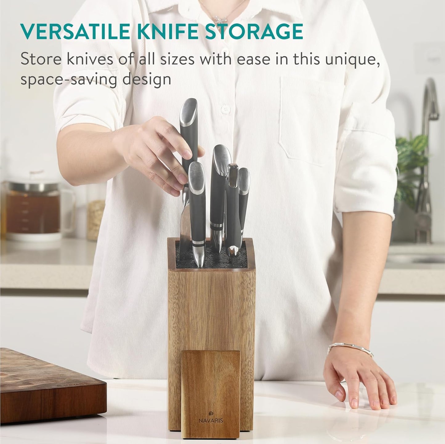 Wooden Kitchen Knife Block with Holder - Holds a Chopping Board, Phone or Tablet - Acacia Angled Design, 12.5 x 18.7 x 26.2 cm (4.9" x 7.4" x 10.3")